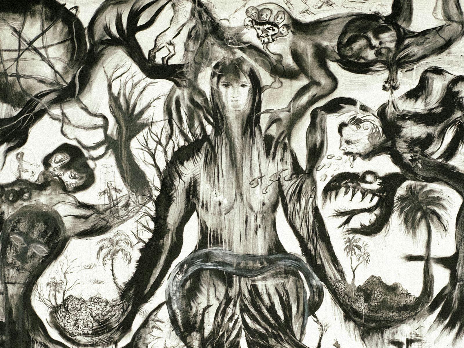 A hand-drawn artwork featuring several swirling ghoul-like figures surrounding a central human-like characture.