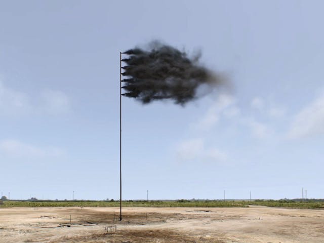 A black flag made up entirely of billowing smoke against blue sky background.