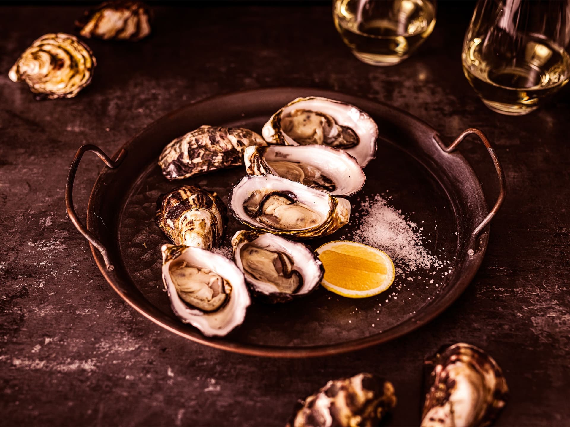 Five shucked oysters lie in a pan with salt, lemon and various unshucked oysters.